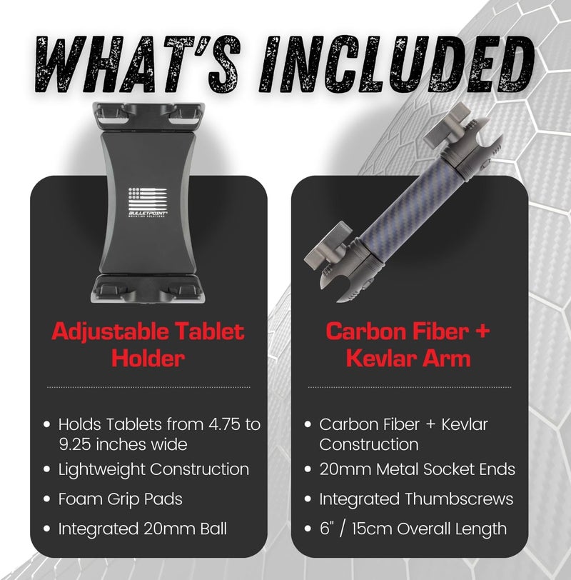 Bulletpoint Mounting Solutions Universal Tablet Mount for Truck Compatible with Apple iPad & Samsung Tablets - 20mm Integrated Ball with 7cm Matte Carbon Fiber + Kevlar Mounting Arm - Image 4